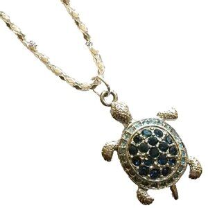 Silver Blue Crystal Sea Turtle Necklace Pendant Island Nautical Plated 17"